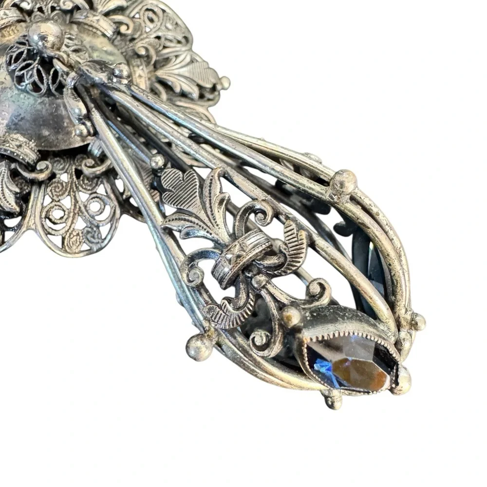 Joseff Hollywood Ornate Silver Metal Brooch with Blue Glass  Accents